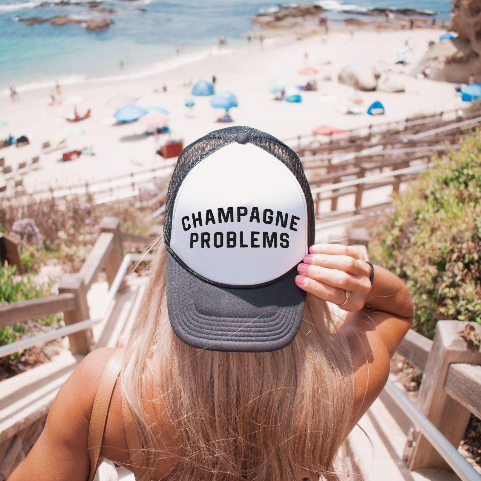 CHAMPAGNE PROBLEMS EMBROIDERED TRUCKER HAT - Cactus Bloom Co.