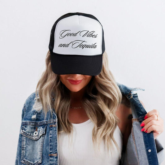 GOOD VIBES AND TEQUILA TRUCKER HAT - Cactus Bloom Co.